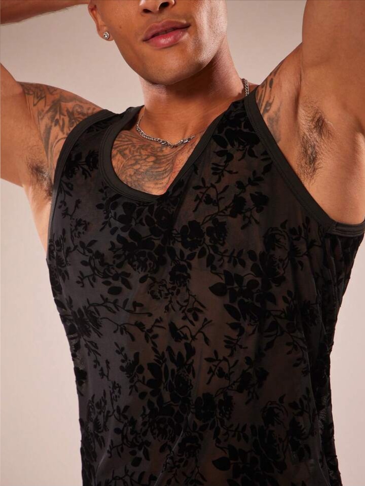 Men's Flocked Mesh Round Neck Sleeveless Tank Top